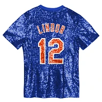 Haut à col en V sequins avec nom et numéro des Mets de New York Francisco Lindor Royal pour juniors