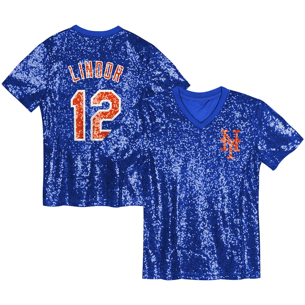 Haut à col en V sequins avec nom et numéro des Mets de New York Francisco Lindor Royal pour juniors