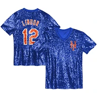 Haut à col en V sequins avec nom et numéro des Mets de New York Francisco Lindor Royal pour juniors