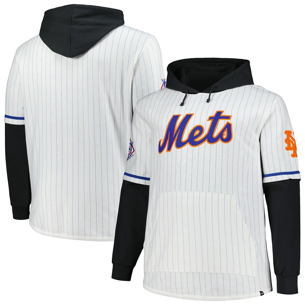 Men's '47 White New York Mets Big & Tall Pinstripe Double Header Collection Pullover Hoodie