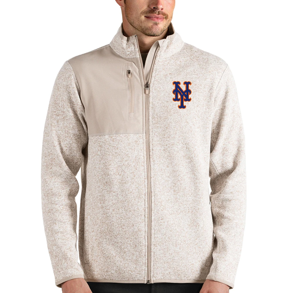 Men's Antigua Oatmeal New York Mets Fortune Full-Zip Jacket