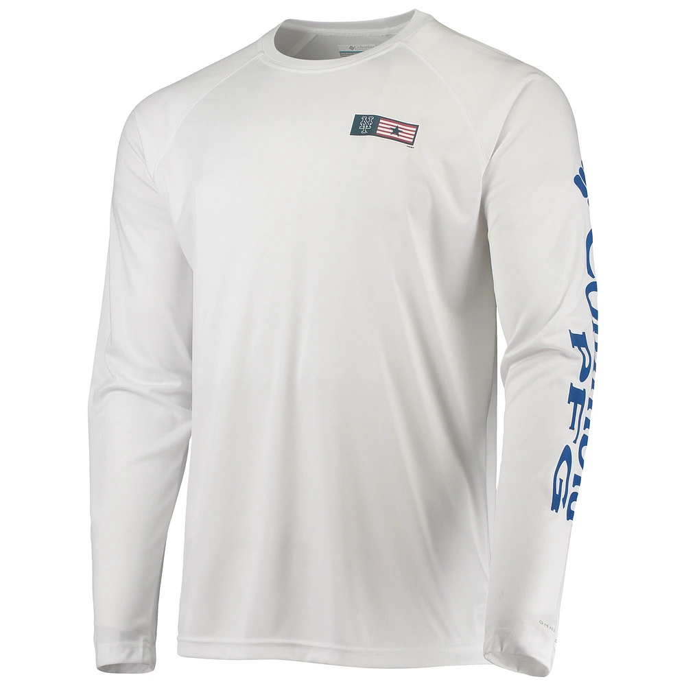 Men's Columbia White New York Mets Americana Terminal Tackle Omni-Shade Long Sleeve Raglan T-Shirt