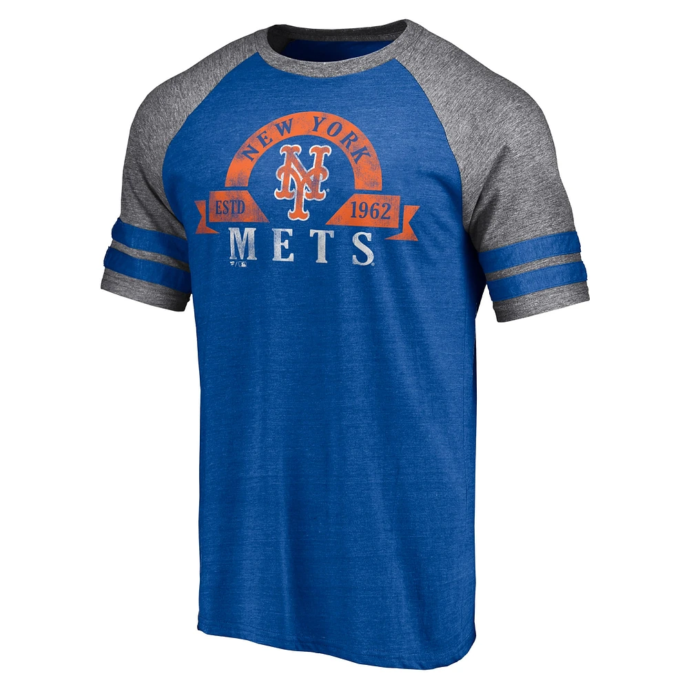 Men's Fanatics Heather Royal New York Mets Utility Two-Stripe Raglan Tri-Blend T-Shirt