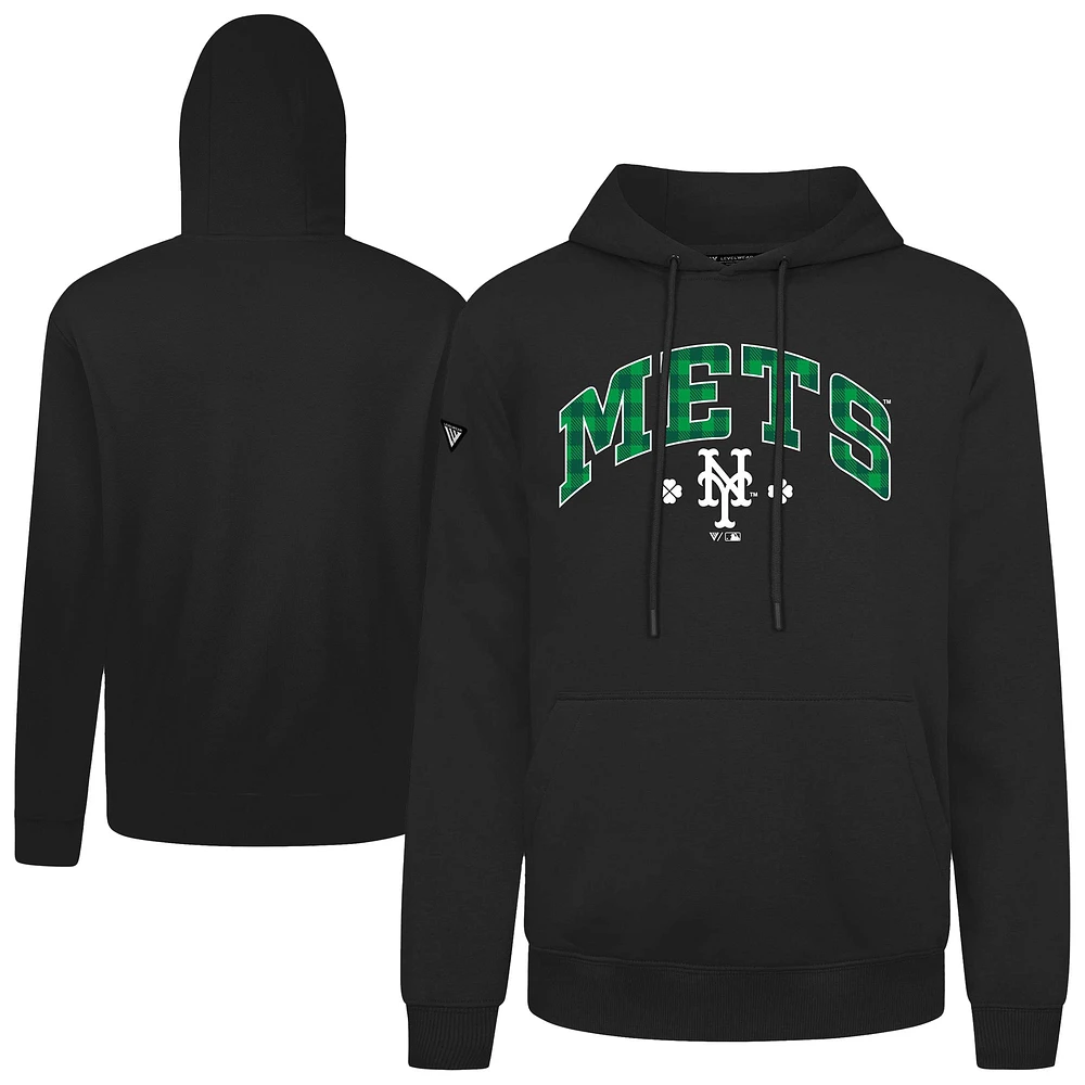 Men's Levelwear Black New York Mets St. Patrick's Day Podium Plaid Pullover Hoodie