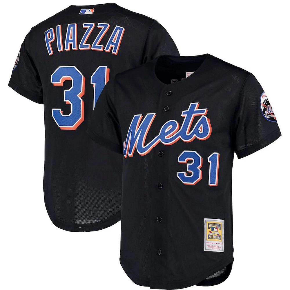 Men's Mitchell & Ness Mike Piazza Black New York Mets Big Tall Cooperstown Collection Mesh Button-Up Jersey