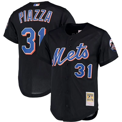 Men's Mitchell & Ness Mike Piazza Black New York Mets Big Tall Cooperstown Collection Mesh Button-Up Jersey