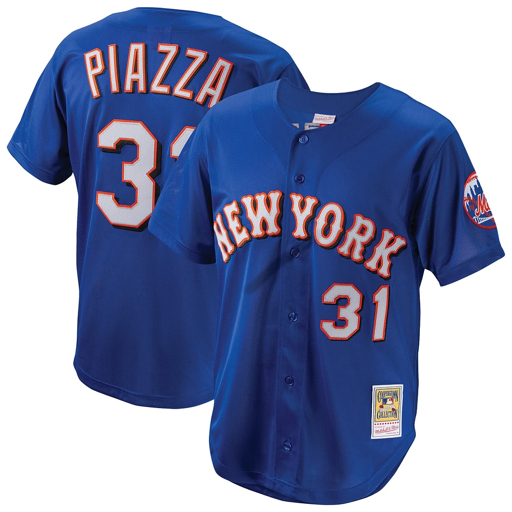 Maillot d'entraînement au bâton boutonné en maille pour homme Mitchell & Ness Mike Piazza Royal New York Mets Cooperstown Collection