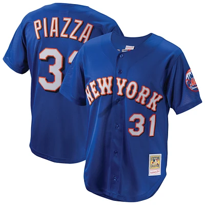 Maillot d'entraînement au bâton boutonné en maille pour homme Mitchell & Ness Mike Piazza Royal New York Mets Cooperstown Collection