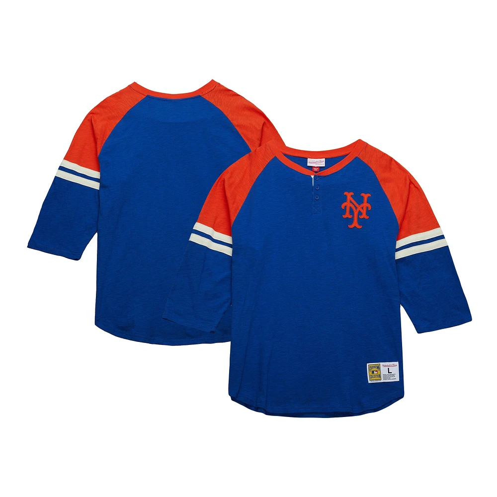 Mitchell & Ness Royal New York Mets Cooperstown Collection T-shirt légendaire Raglan Slub Henley à manches 3/4 pour hommes