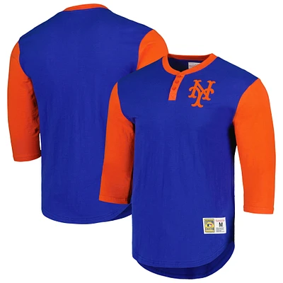 T-shirt à manches 3/4 Legendary Slub Henley de la collection Royal New York Mets Cooperstown Mitchell & Ness pour homme