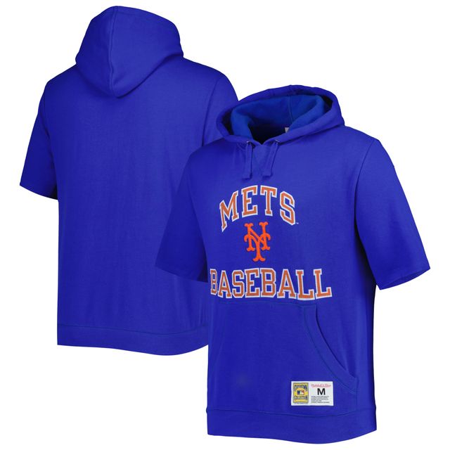 Chandail à capuchon manches courtes en polaire délavé Collection Mitchell & Ness Royal New York Mets Cooperstown pour homme