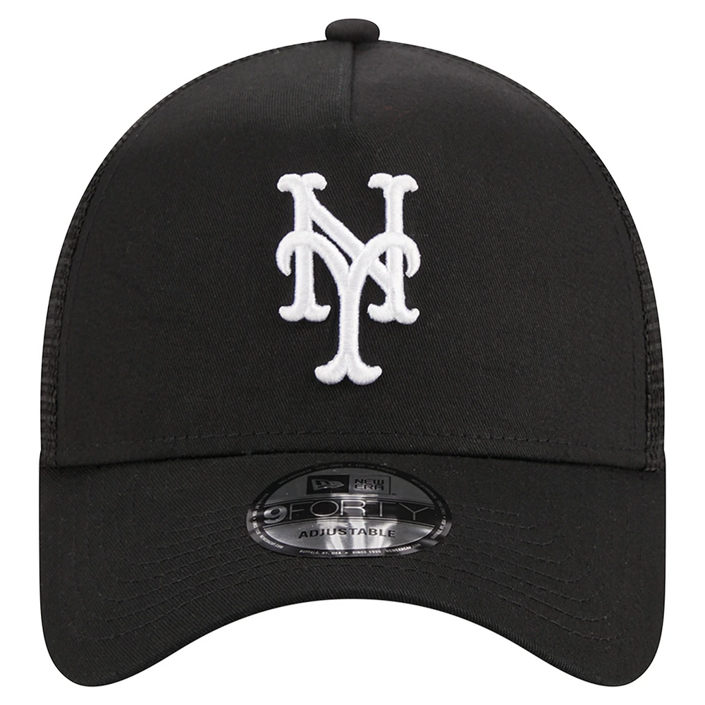 Casquette réglable noire New Era New York Mets A-Frame 9FORTY Trucker pour hommes