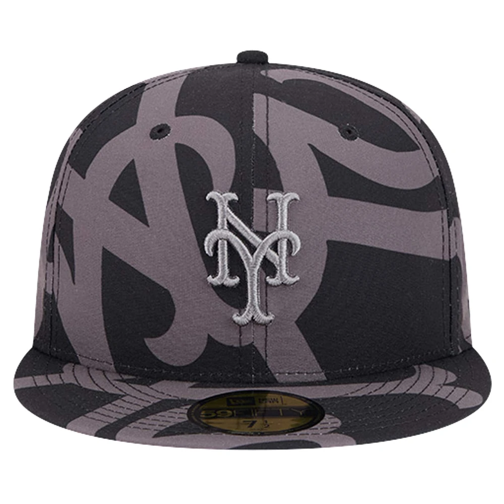 Casquette ajustée New Era noire avec logo Fracture 59FIFTY des Mets de York pour hommes