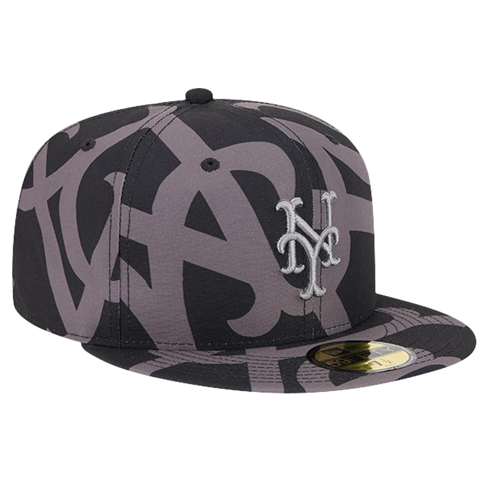 Casquette ajustée New Era noire avec logo Fracture 59FIFTY des Mets de York pour hommes