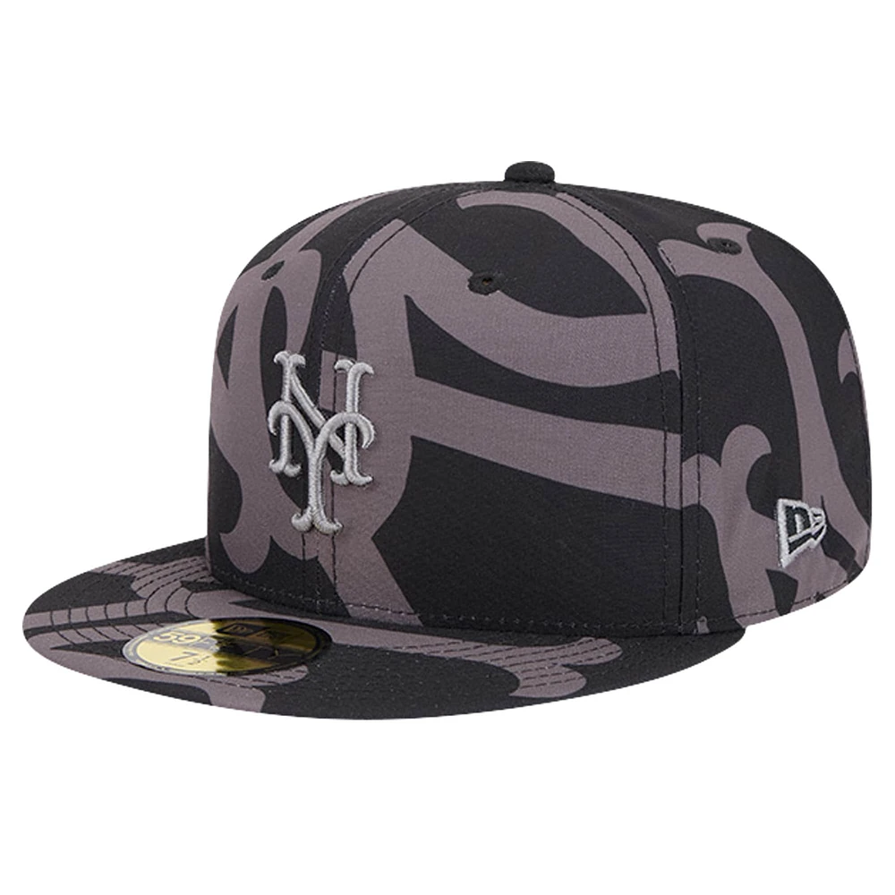 Men's New Era Black York Mets Logo Fracture 59FIFTY Fitted Hat