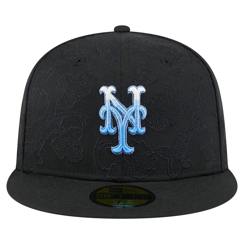 Men's New Era Black York Mets Tonal Koi 59FIFTY Fitted Hat