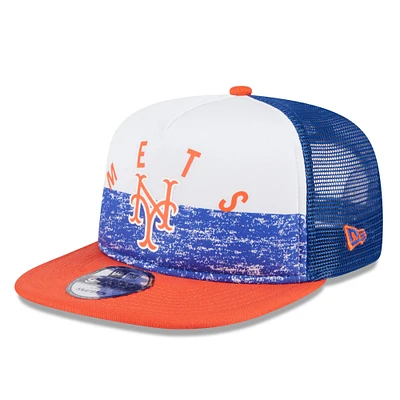 Casquette Trucker 9FIFTY Snapback en mousse sur le devant en forme de A de l'équipe des New York Mets New Era pour hommes, blanc/orange