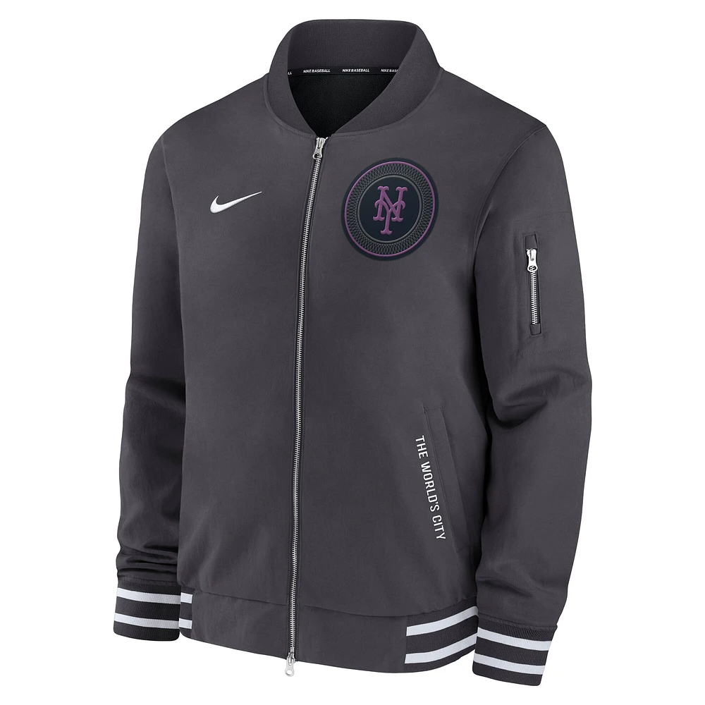 Veste aviateur zippée Nike City Connect pour homme, collection authentique des Mets de New York, anthracite