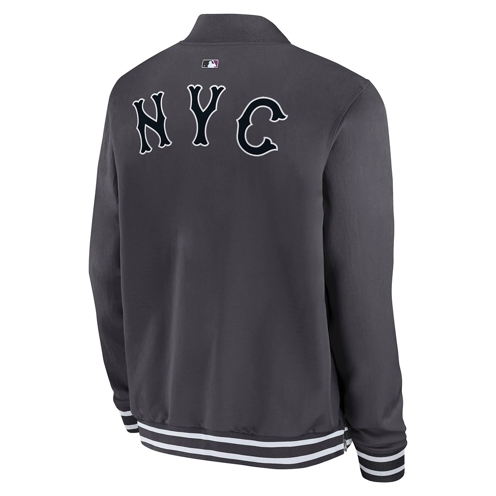 Veste aviateur zippée Nike City Connect pour homme, collection authentique des Mets de New York, anthracite