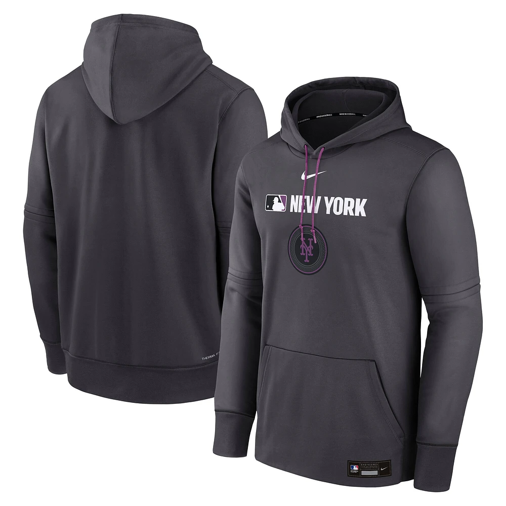 Men's Nike  Anthracite New York Mets Authentic Collection City Connect Therma Pullover Hoodie