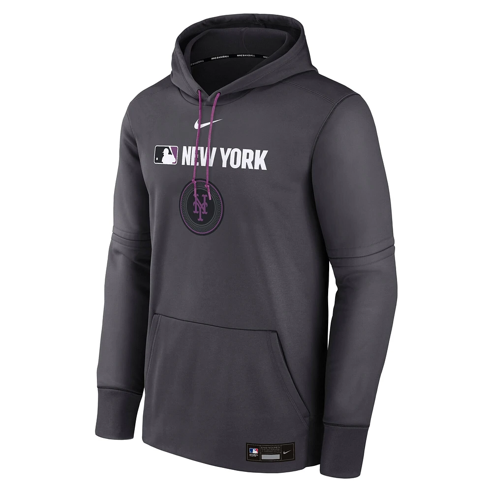 Men's Nike  Anthracite New York Mets Authentic Collection City Connect Therma Pullover Hoodie