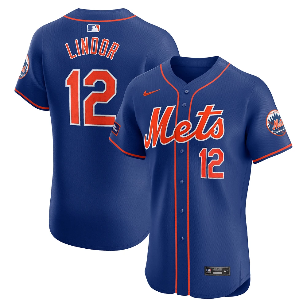 Men's Nike Francisco Lindor Royal New York Mets Alternate Elite Sponsor Patch Player Jersey