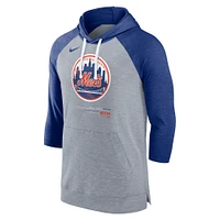 Chandail à capuchon manches 3/4 raglan de baseball Nike Mets New York pour homme, gris chiné/royal chiné