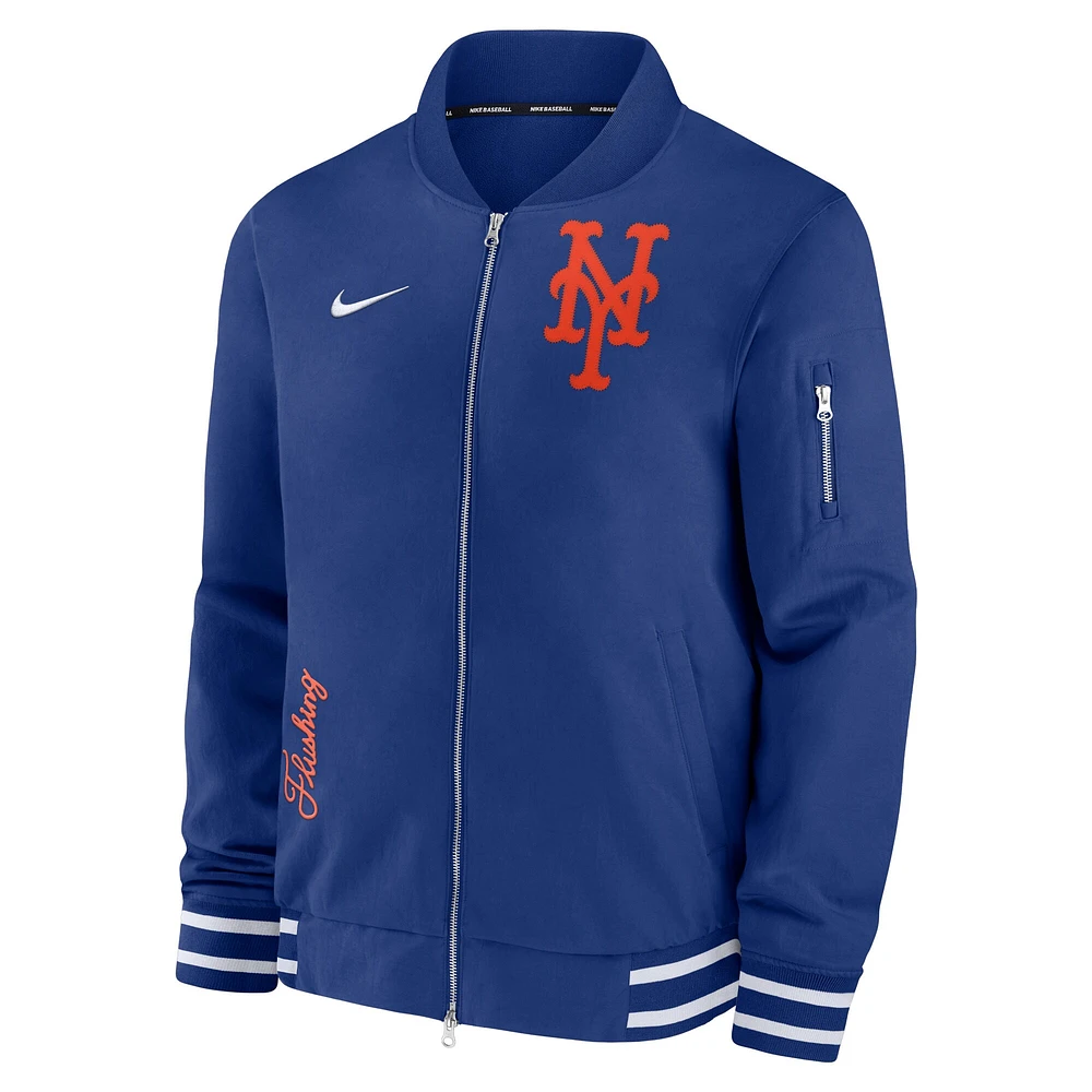 Blouson aviateur entièrement zippé Nike Royal New York Mets Authentic Collection pour homme