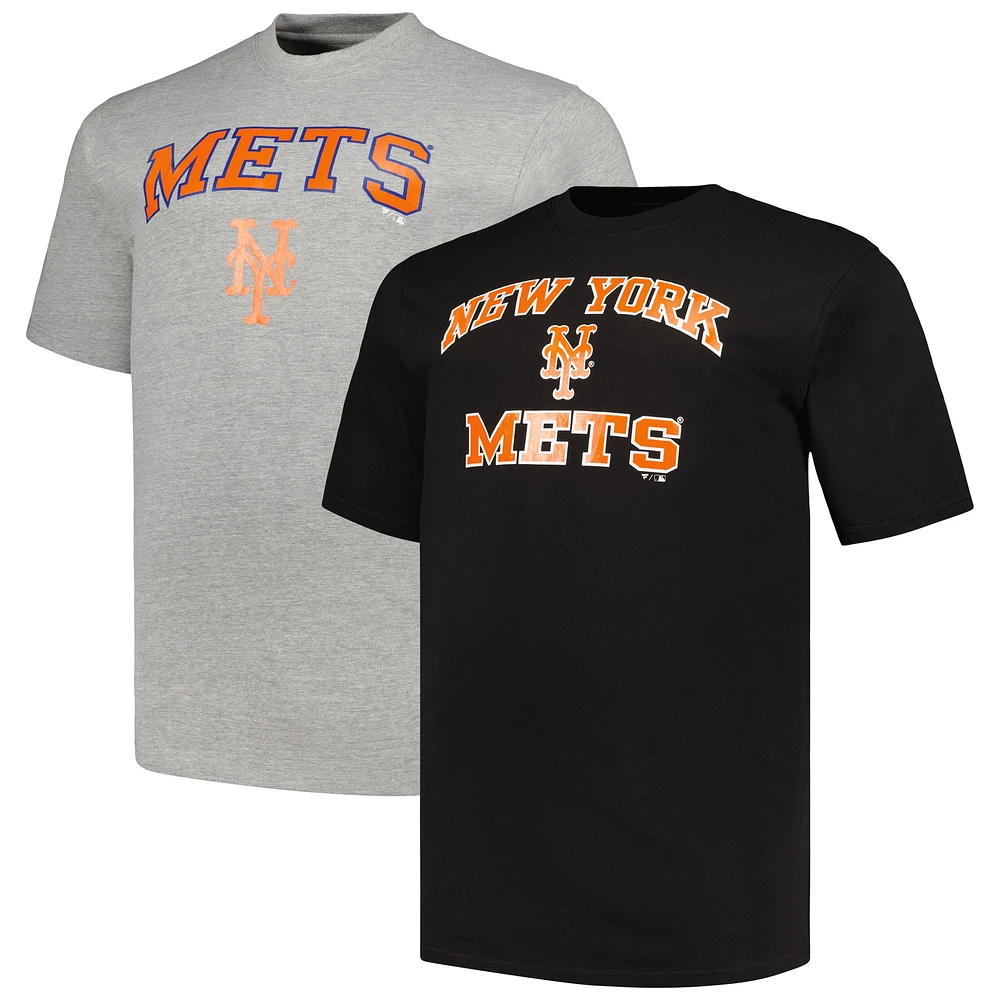 Ensemble de t-shirts Profile Big & Tall New York Mets pour homme Noir/Gris chiné