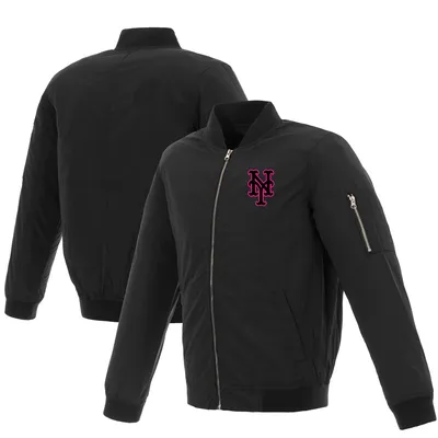 New York Mets JH Design Women's Nylon Bomber Jacket - Black/Pink