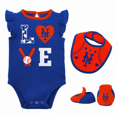 New York Mets Newborn & Infant Three-Piece Love of Baseball Bib, Bodysuit Booties Set - Royal/Orange