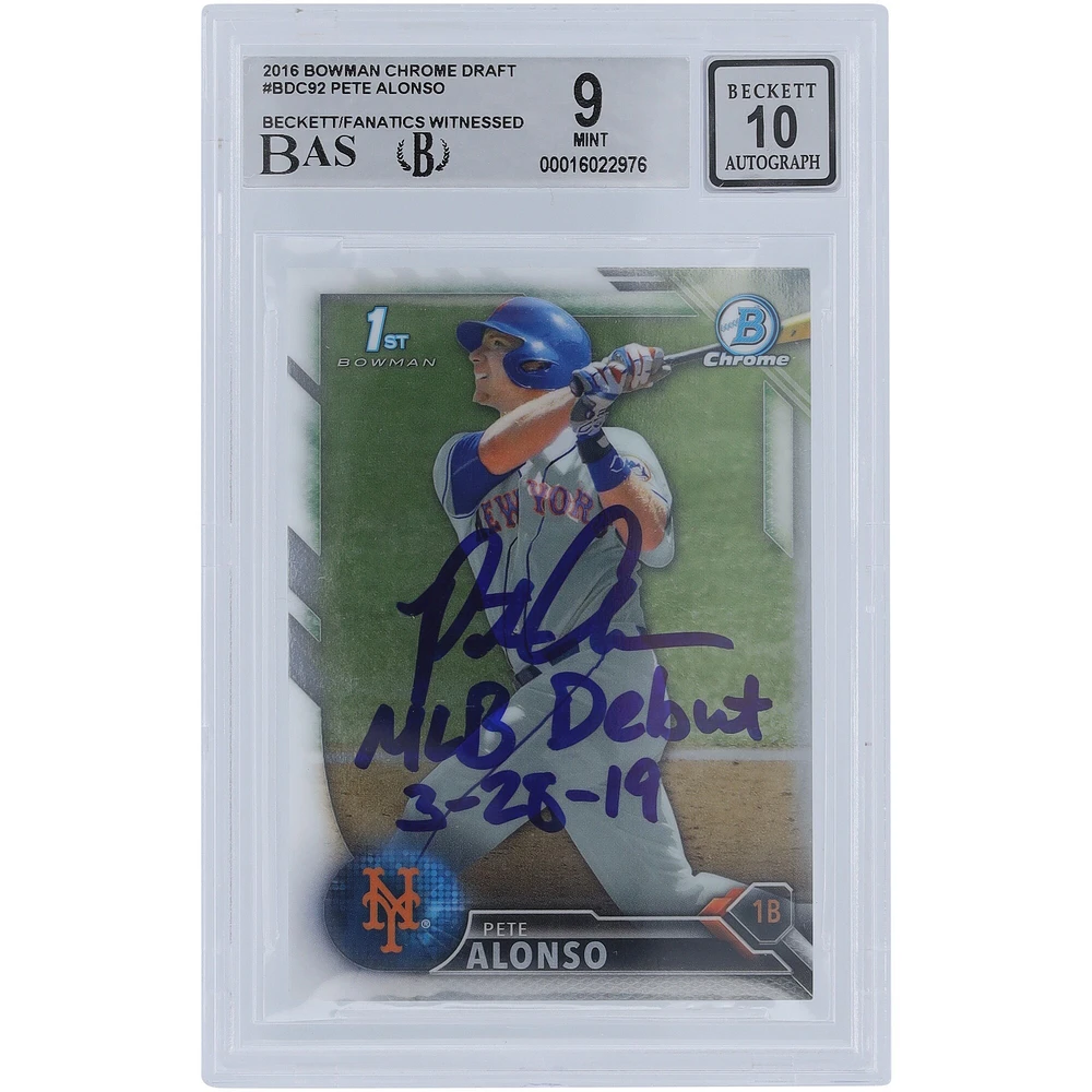 Pete Alonso New York Mets Autographed 2016 Bowman Chrome Draft #BDC-92 Beckett Fanatics Witnessed Authenticated 9/10 Rookie Card with "MLB Debut 3-28-19" Inscription