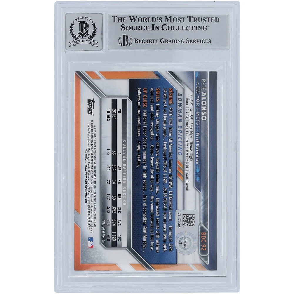 Pete Alonso New York Mets Autographed 2016 Bowman Chrome Draft #BDC-92 Beckett Fanatics Witnessed Authenticated 9/10 Rookie Card with "MLB Debut 3-28-19" Inscription