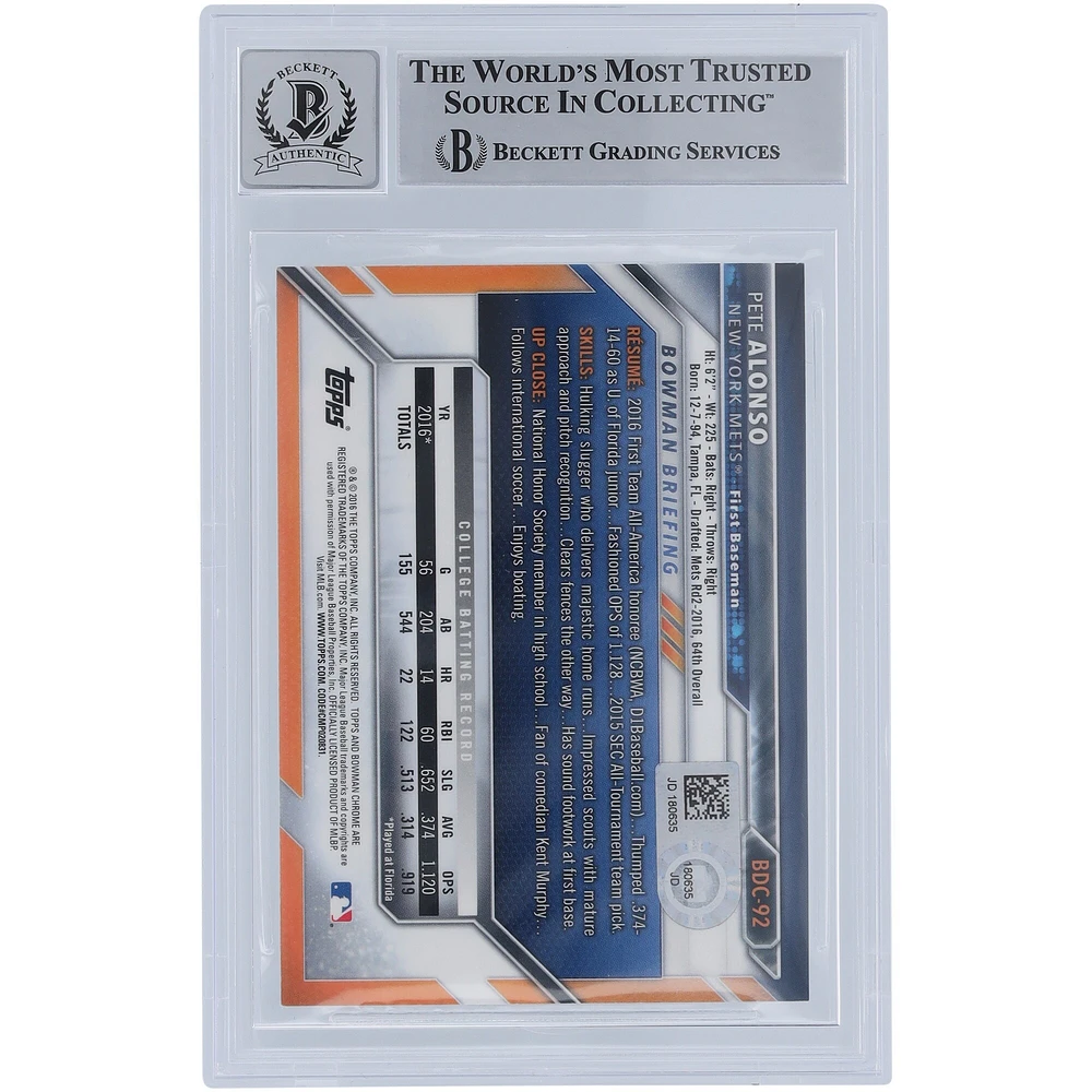 Pete Alonso New York Mets Autographed 2016 Bowman Chrome Draft #BDC-92 Beckett Fanatics Witnessed Authenticated 9/10 Rookie Card