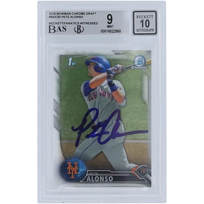 Pete Alonso New York Mets Autographed 2016 Bowman Chrome Draft #BDC-92 Beckett Fanatics Witnessed Authenticated 9/10 Rookie Card