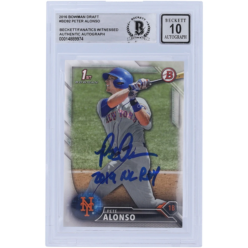 Pete Alonso New York Mets Autographed 2016 Bowman Draft #BD-92 Beckett Fanatics Witnessed Authenticated 10 Card with "2019 NL ROY" Inscription
