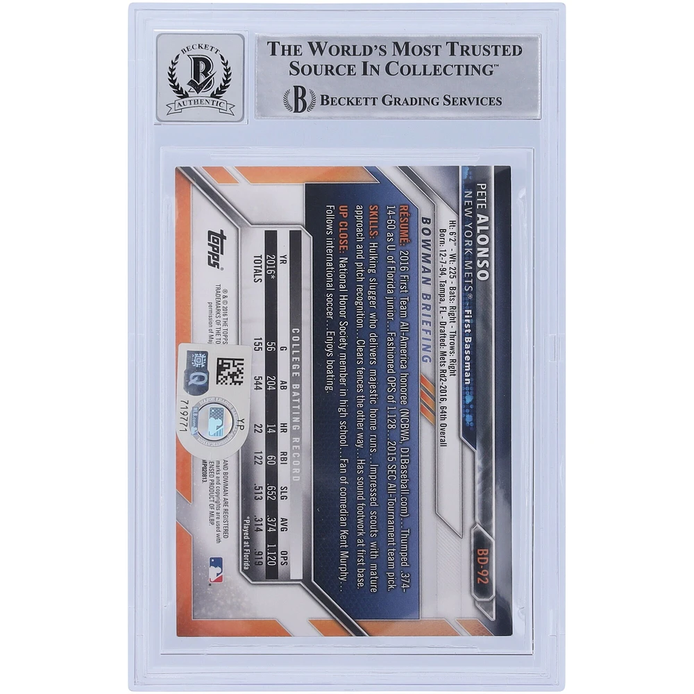 Pete Alonso New York Mets Autographed 2016 Bowman Draft #BD-92 Beckett Fanatics Witnessed Authenticated 10 Card with "2019 NL ROY" Inscription