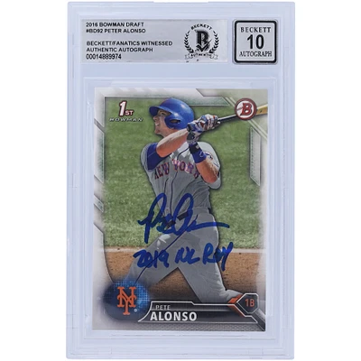 Pete Alonso New York Mets Autographed 2016 Bowman Draft #BD-92 Beckett Fanatics Witnessed Authenticated 10 Card with "2019 NL ROY" Inscription