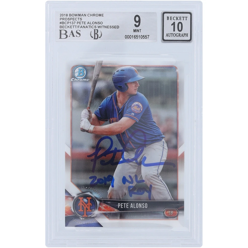 Pete Alonso New York Mets Autographed 2018 Bowman Chrome #BCP-137 Beckett Fanatics Witnessed Authenticated 9/10 Rookie Card with "2019 NL ROY" Inscription
