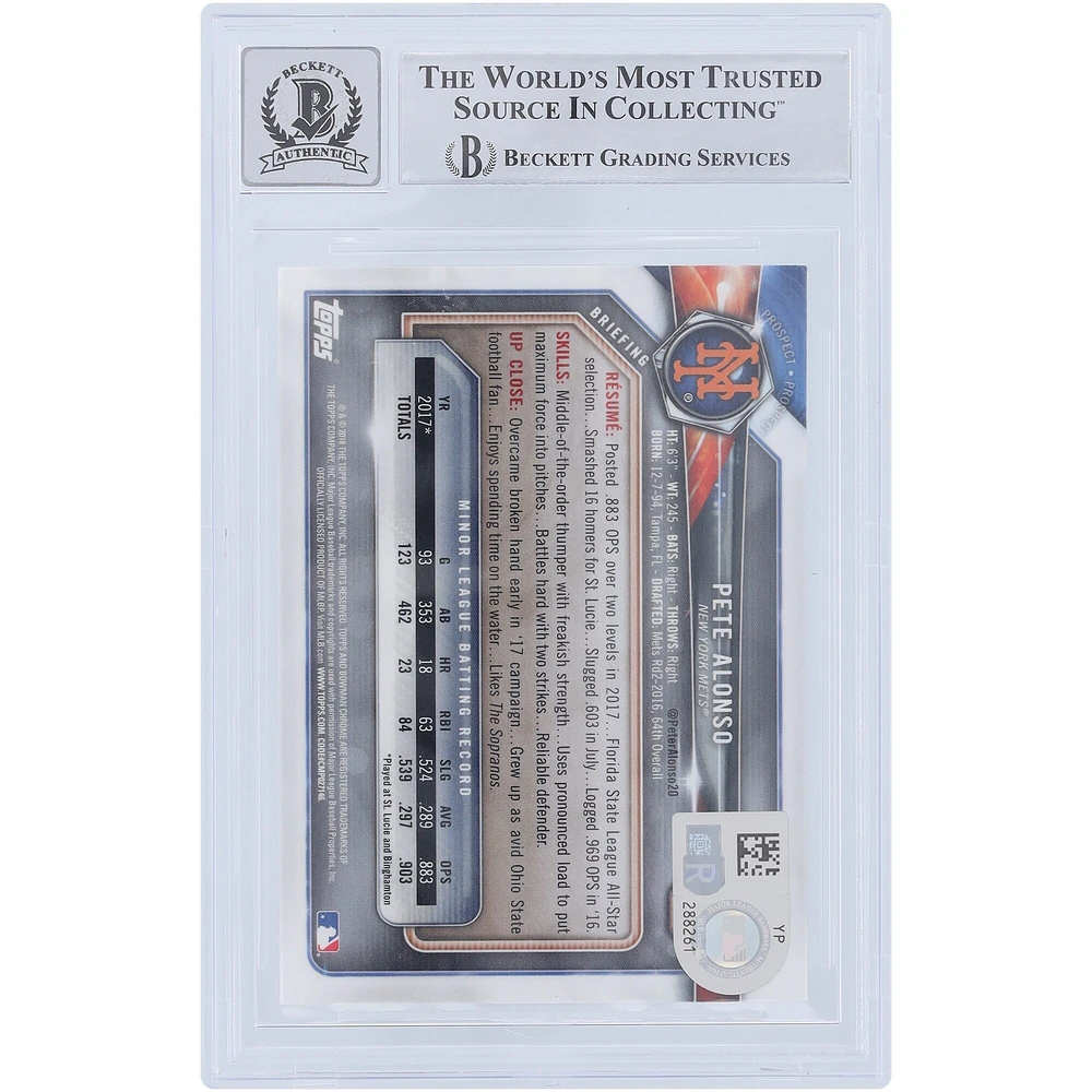 Pete Alonso New York Mets Autographed 2018 Bowman Chrome #BCP-137 Beckett Fanatics Witnessed Authenticated 9/10 Rookie Card with "2019 NL ROY" Inscription
