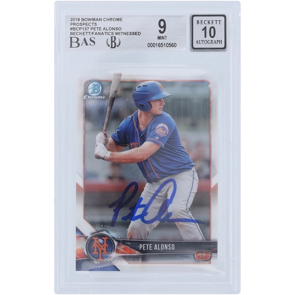 Pete Alonso New York Mets Autographed 2018 Bowman Chrome #BCP-137 Beckett Fanatics Witnessed Authenticated /10 Rookie Card