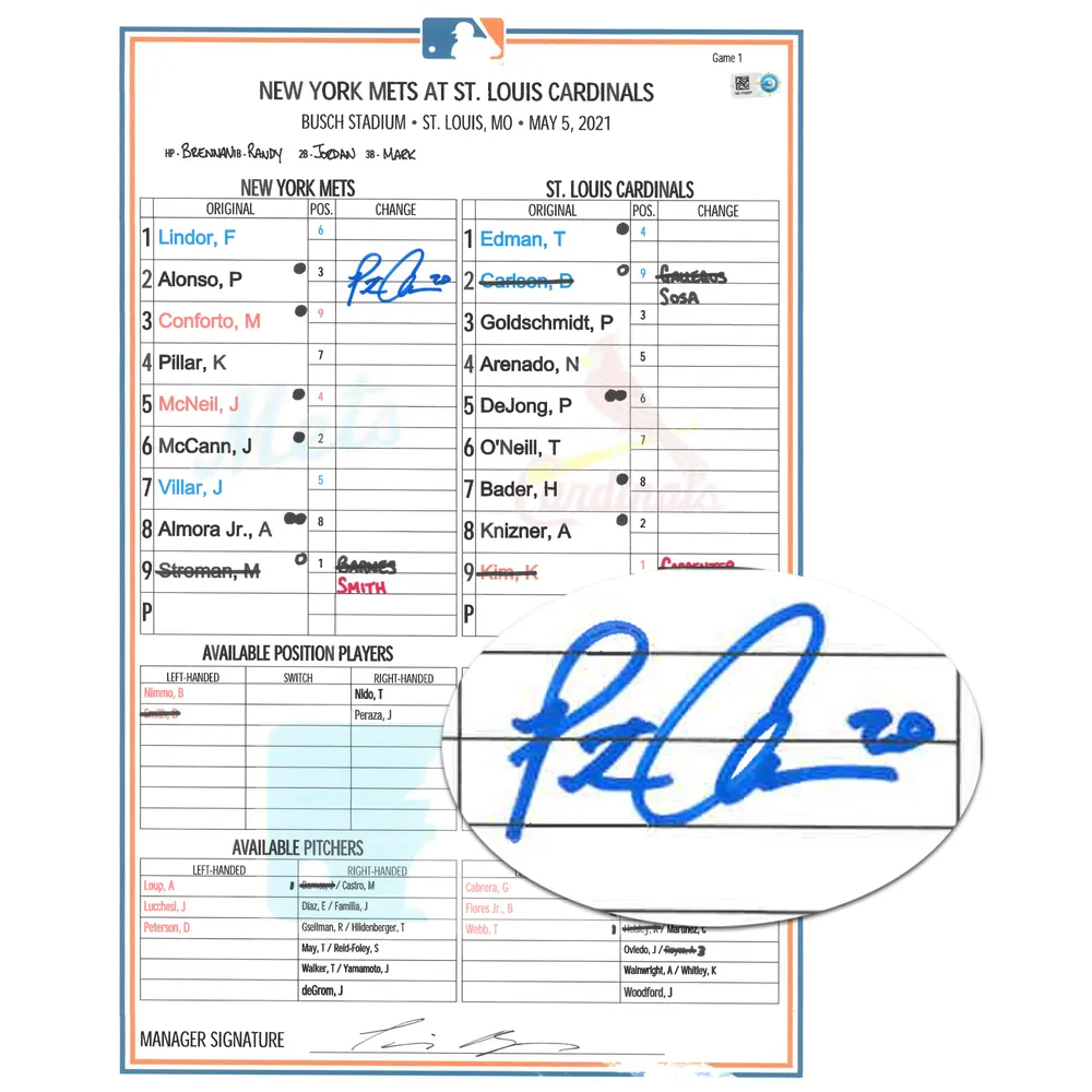 Lids Pete Alonso New York Mets Autographed Game-Used 5-5-2021 Lineup Card