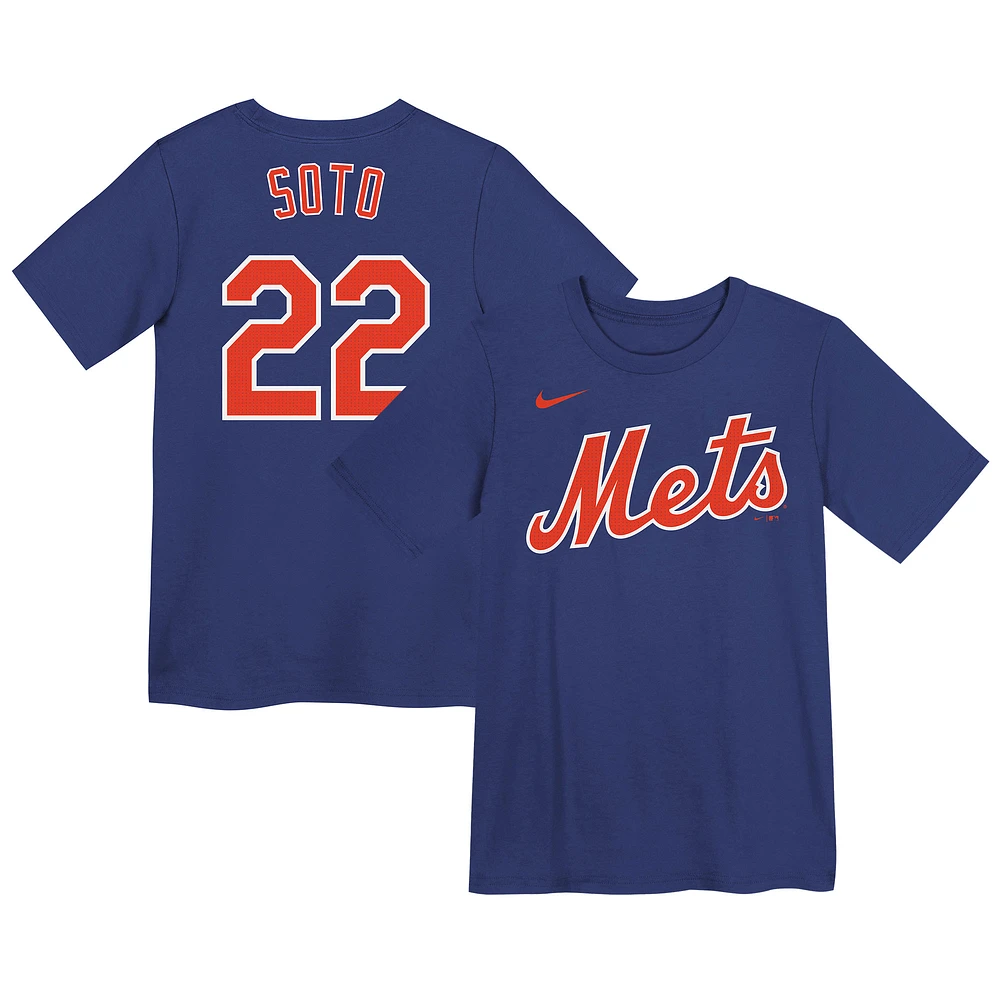 T-shirt Nike pour enfant d'âge préscolaire Juan Soto Royal New York Mets avec nom et numéro