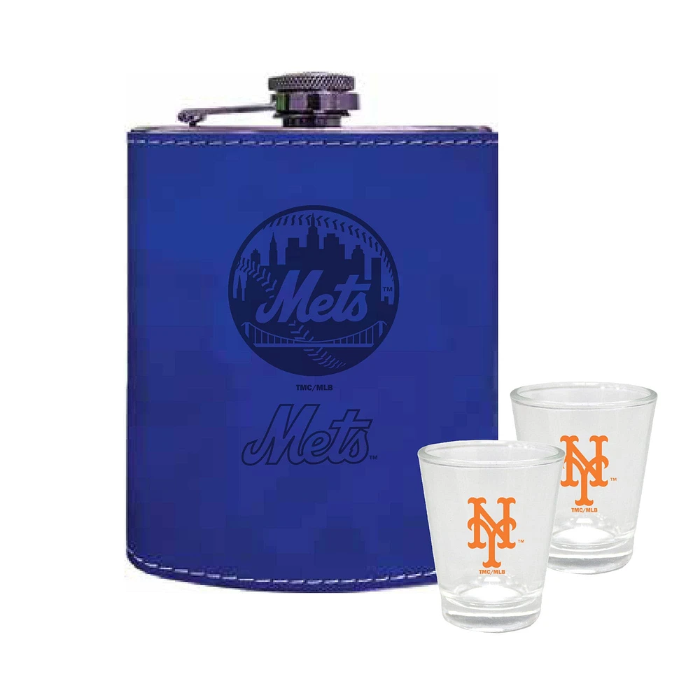 The Memory Company New York Mets Three-Pack 8oz. Leather Flask & 2oz. Shot Glass Set