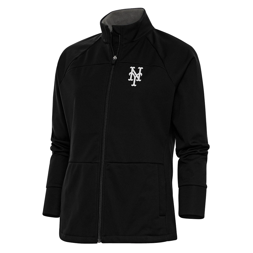 Women's Antigua Black New York Mets Brushed Metallic Links Full-Zip Golf Jacket