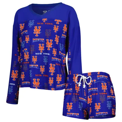 New York Mets Concepts Sport Women's Breakthrough Long Sleeve V-Neck T-Shirt & Shorts Sleep Set - Royal