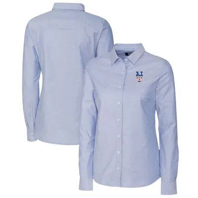 New York Mets Cutter & Buck Women's Americana Logo Oxford Stretch Long Sleeve Button-Up Shirt - Light Blue
