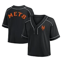 Women's Fanatics Black New York Mets Oversized Champ Game Cropped V-Neck T-Shirt