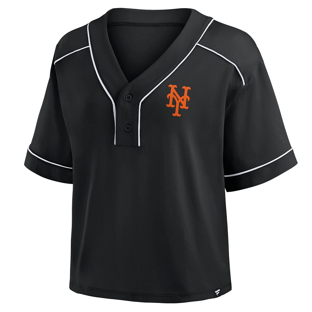 Women's Fanatics Black New York Mets Oversized Champ Game Cropped V-Neck T-Shirt