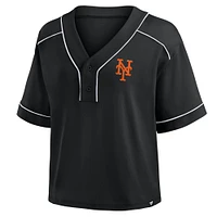 Women's Fanatics Black New York Mets Oversized Champ Game Cropped V-Neck T-Shirt